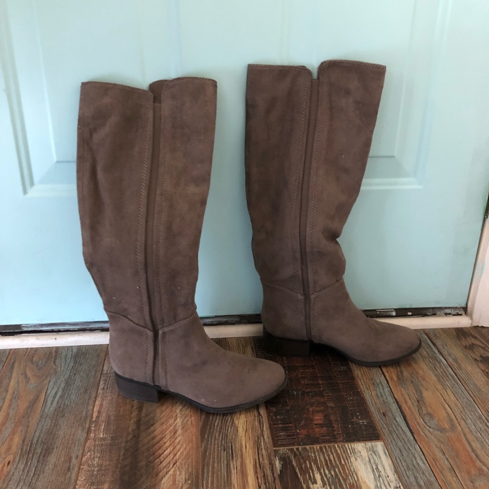 Gray suede knee-high boots